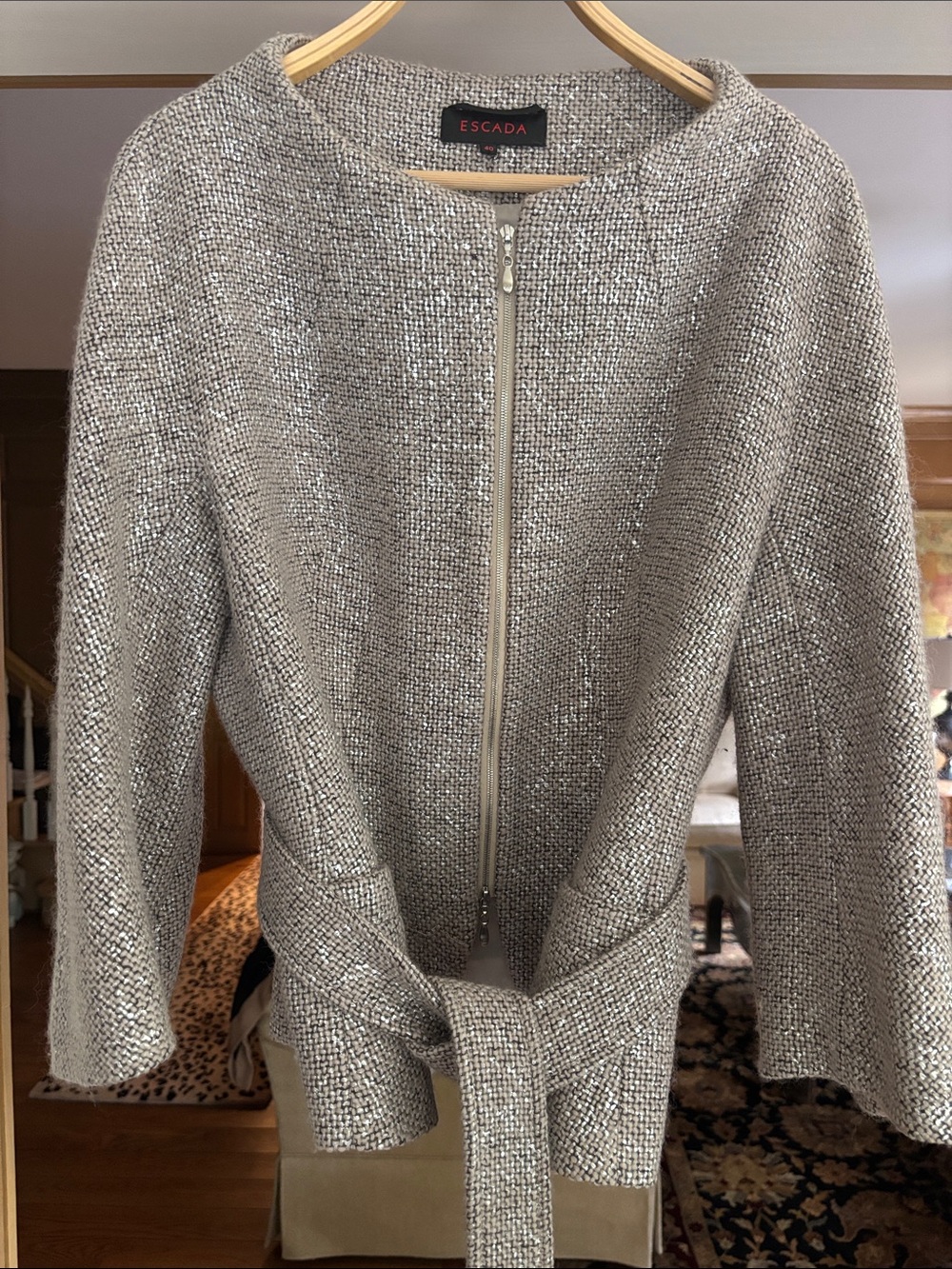 Escada Taupe-Blend Tweed Zip Jacket with Self Tie